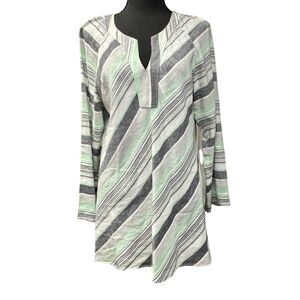 ZOZO Linen Blend Tunic Top Boho Striped Green And Gray V Neck NEW